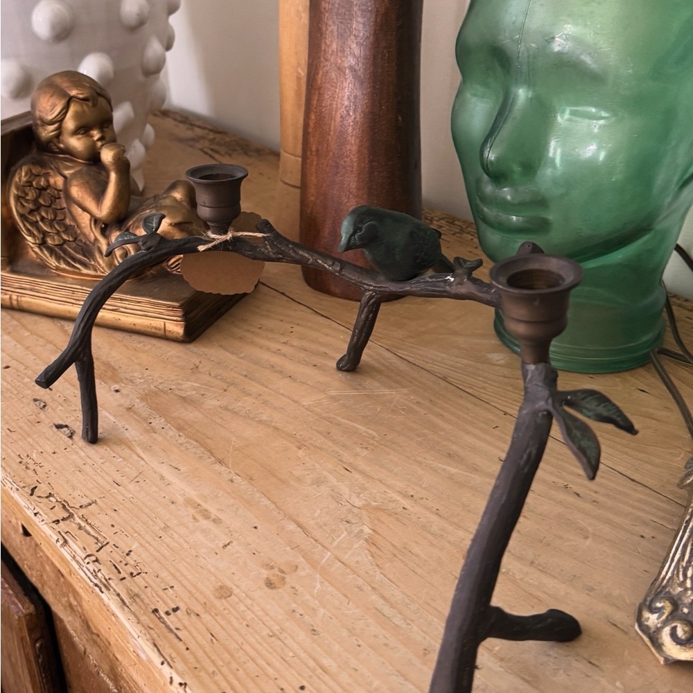 Rustic Bird on Branch Metal Candle Holder